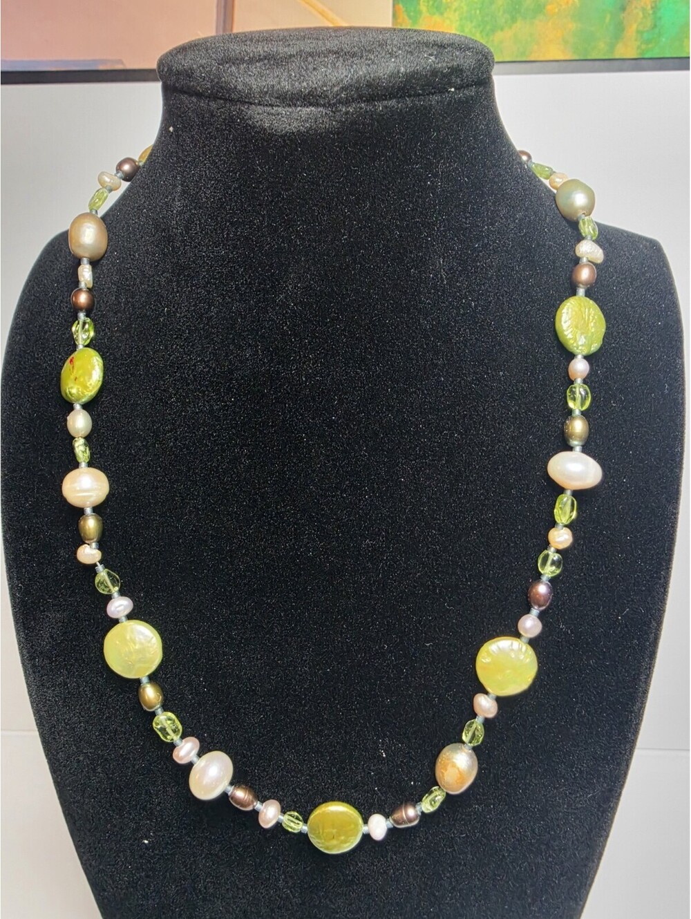 VTG Sterling Silver Multi Gemstone Green Peridot & Pearl Beaded Necklace Boho 18